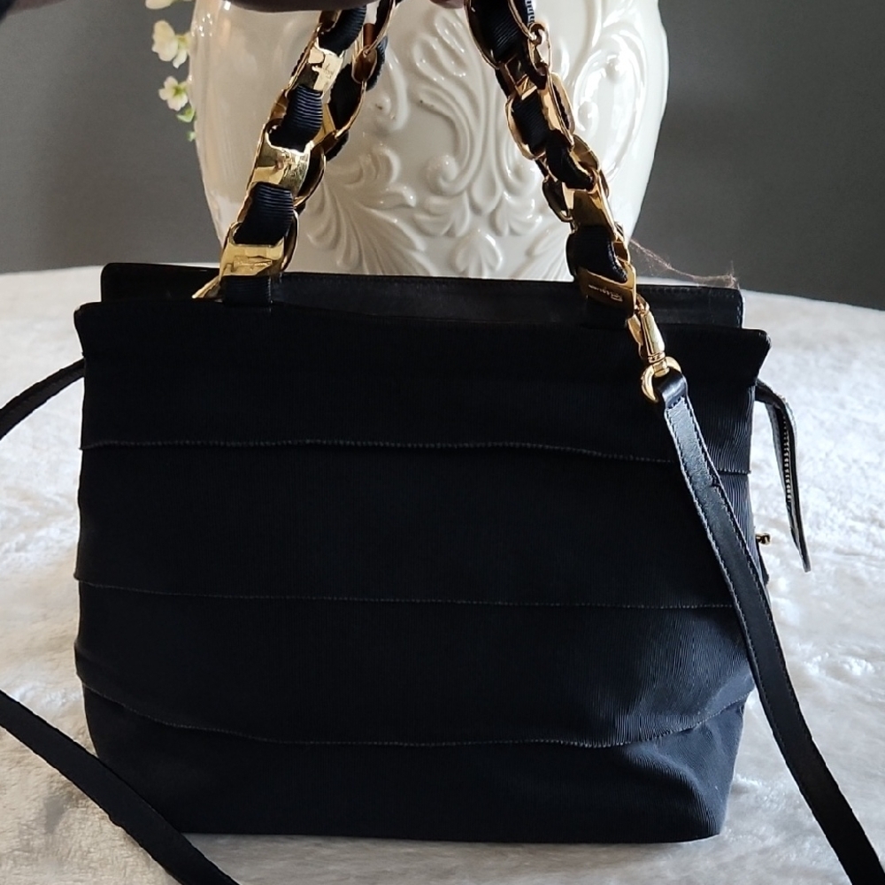 Salvatore Ferragamo Navy Blue Handbag with Gold Accents